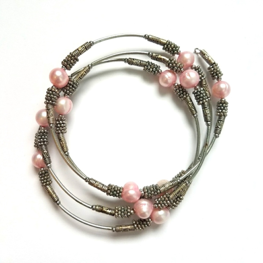Multi Layered Pink/Silver Beaded Bangle Bracelet